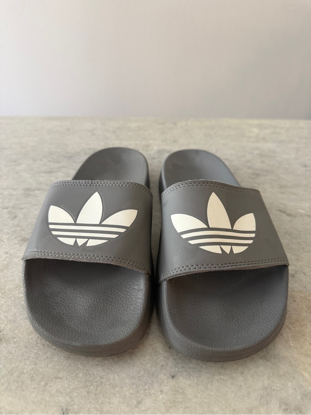 adidas Gray Slides with White Trefoil Logo